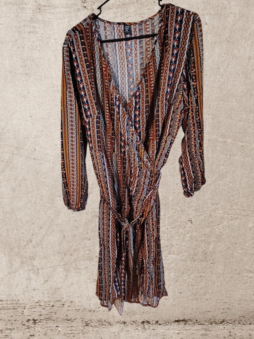 Like New-Boho Stripe Wrap Dress in Navy & Brown -3XL